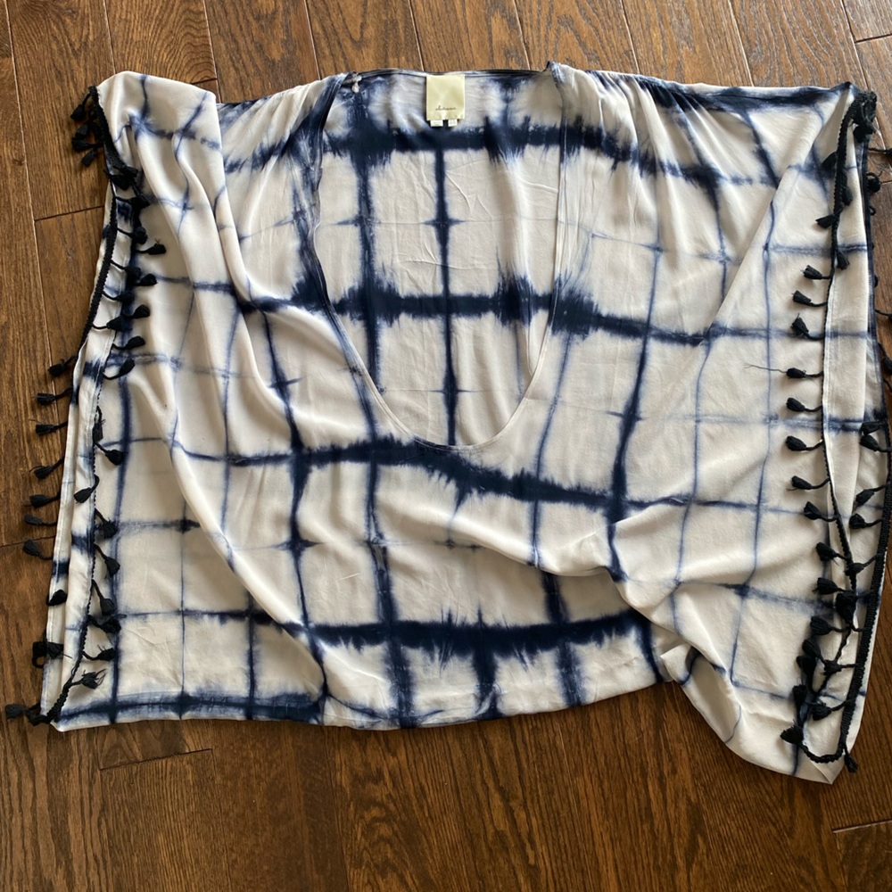elevenses Navy and White Silk Shibori Tie-Dye Poncho/Kimono